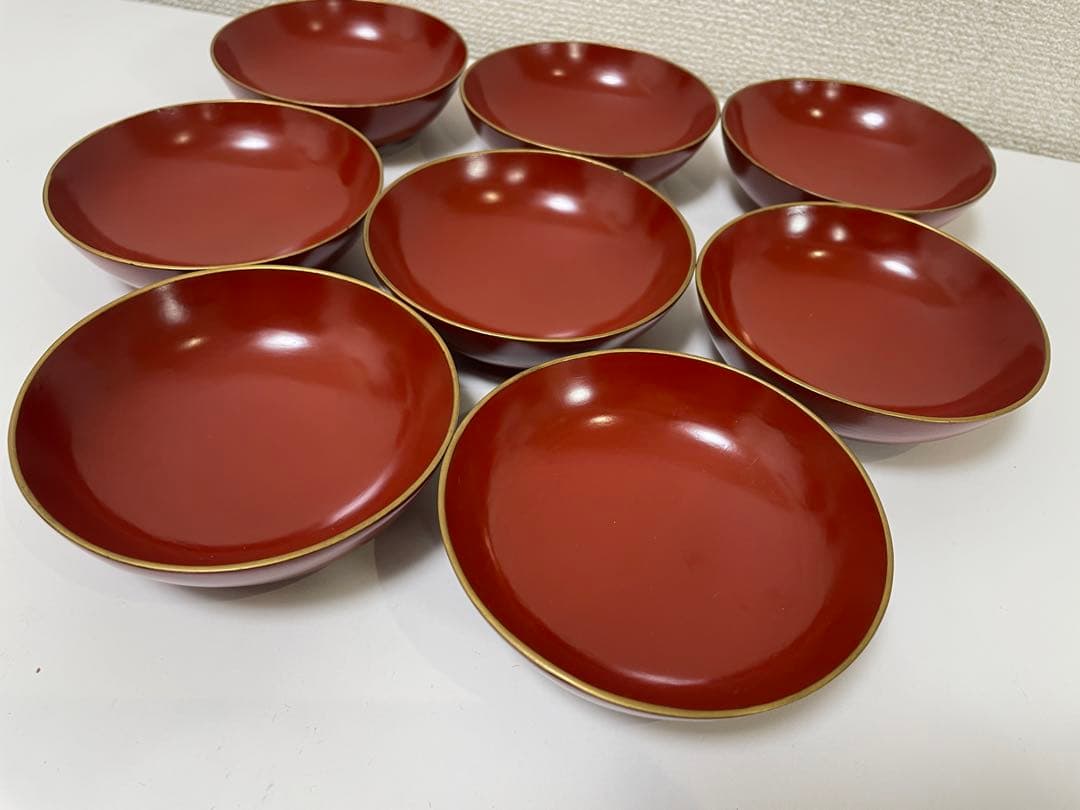 【現状品】漆器 輪島塗 金彩 朱塗 底黒塗 蓋付き椀 割烹 煮物椀 8個 ②