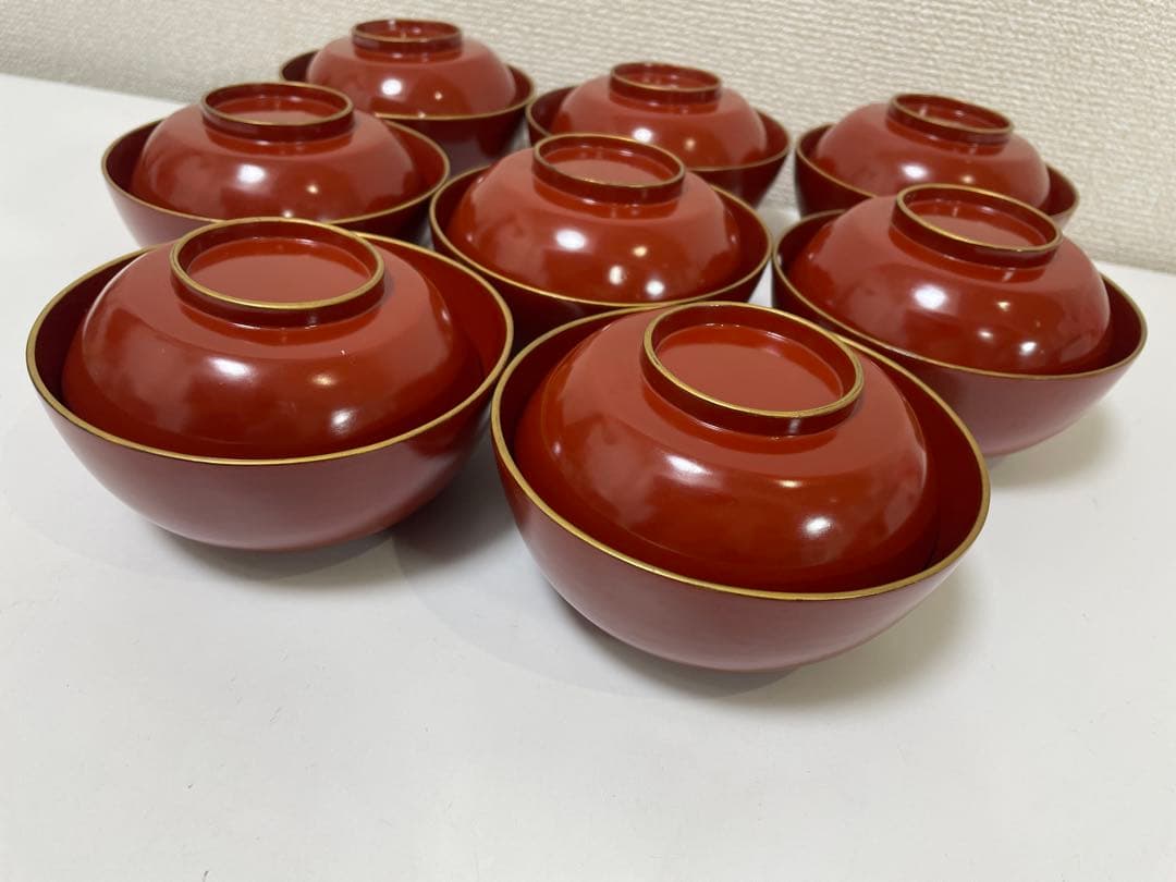 【現状品】漆器 輪島塗 金彩 朱塗 底黒塗 蓋付き椀 割烹 煮物椀 8個 ②
