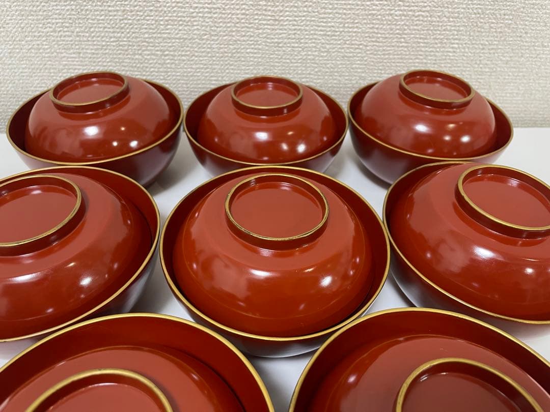 【現状品】漆器 輪島塗 金彩 朱塗 底黒塗 蓋付き椀 割烹 煮物椀 8個 ②