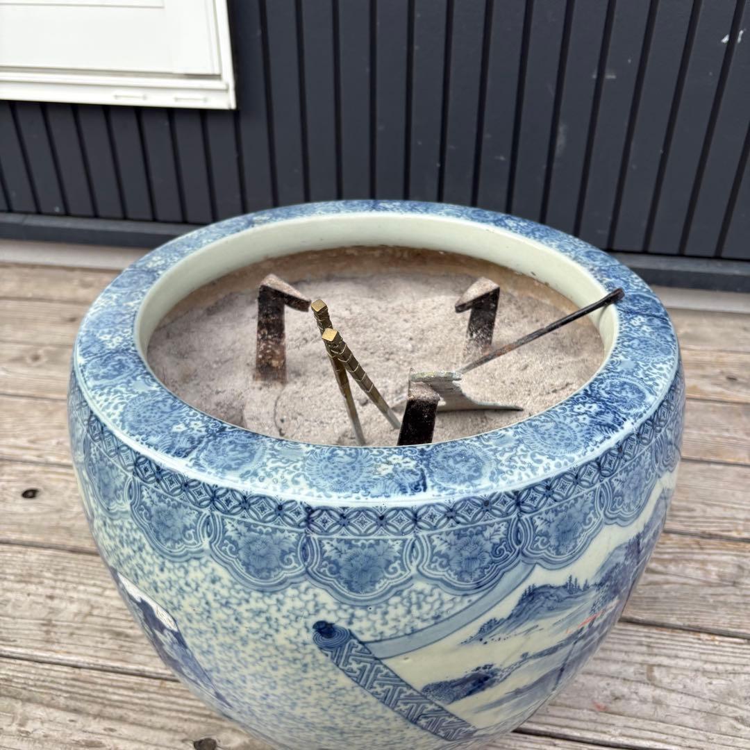 染付 火鉢 五徳 灰均し 火箸 灰付き フルセット 青花山水柄 陶器 昭和レトロ