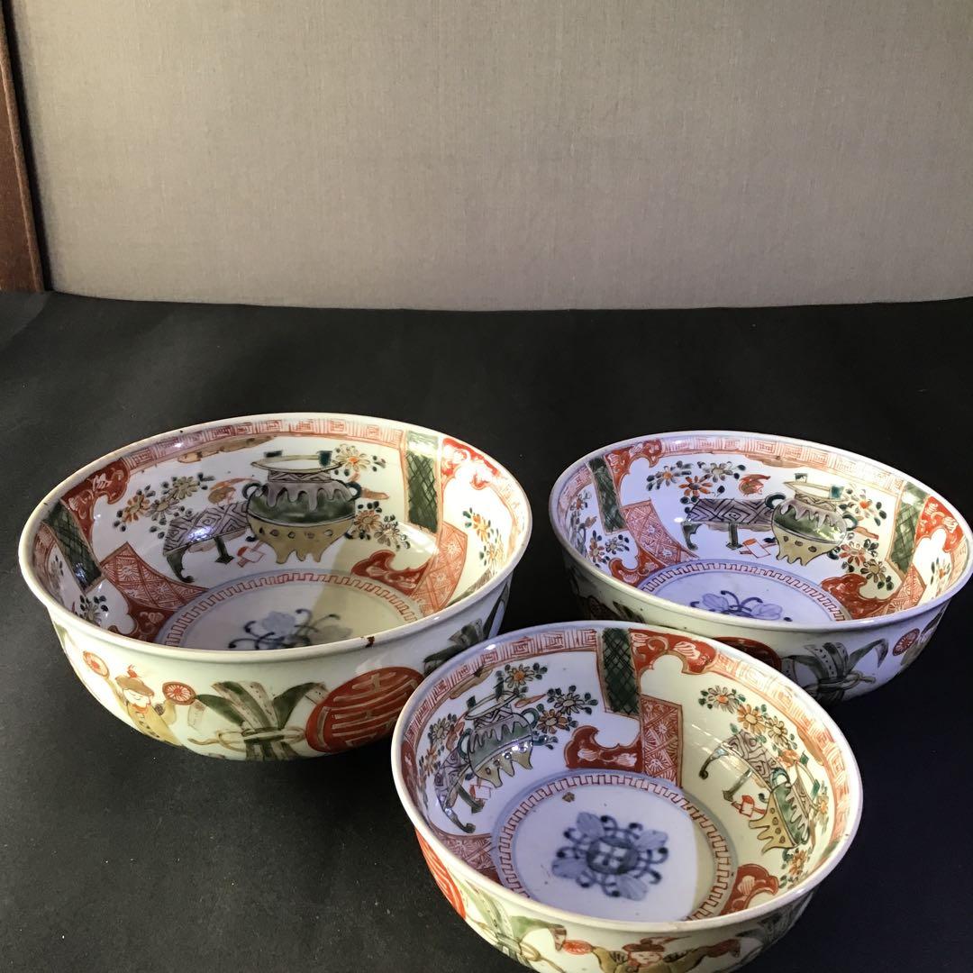 古伊万里　三ツ鉢　「寿　唐人」図　　　江戸期