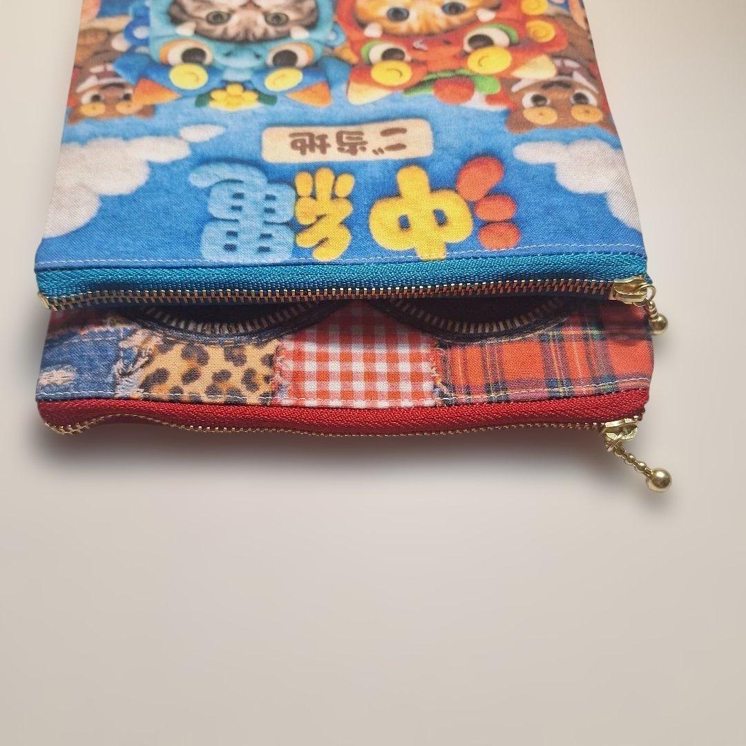 激レアねこパネル生地　ハンドメイド　フラットポーチ