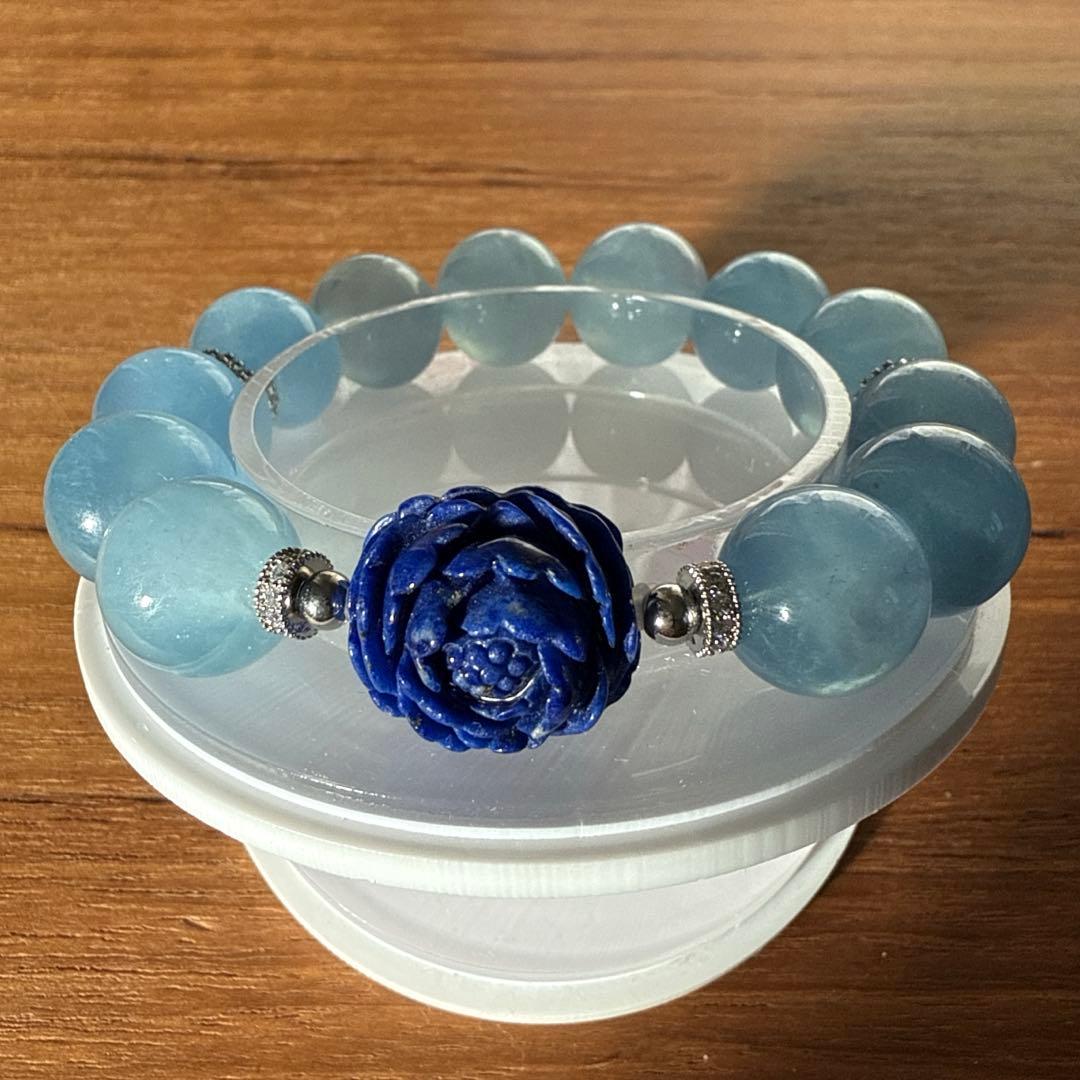 華やか❢高品質大珠アクアマリンと美しいラピスラズリの花のブレス❥