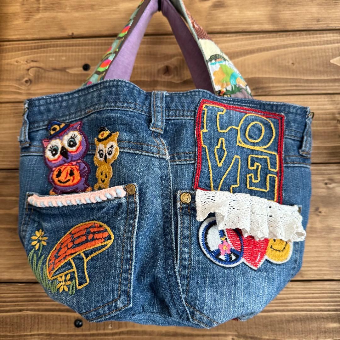 ハンドメイド デニムリメイク バッグ フクロウ 2way 楕円底 41