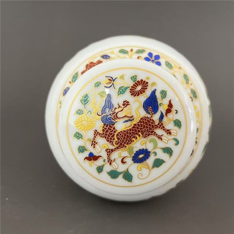 闘彩麒麟紋茶筒 景徳鎮 陶磁器 装飾品 現代工芸品 美術品 置物