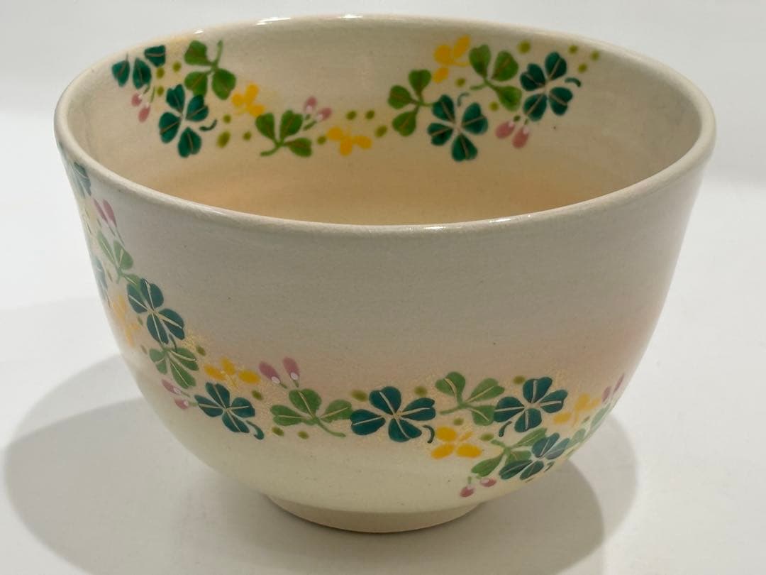 茶道具 色絵 クローバー茶碗 抹茶椀 紙箱