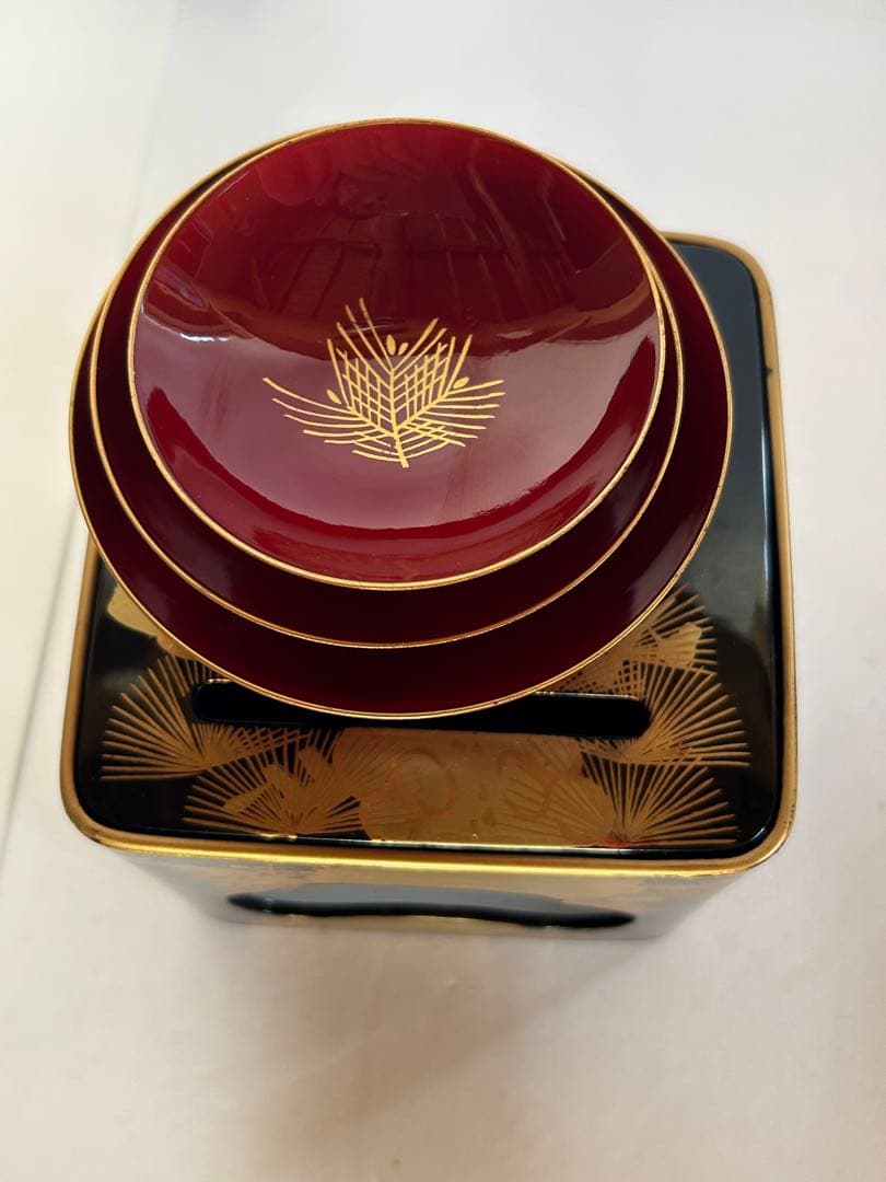 会津塗 屠蘇器 六つ揃 本松クリ足 金泥 金蒔絵 お正月 重箱 骨董 箱入 美品