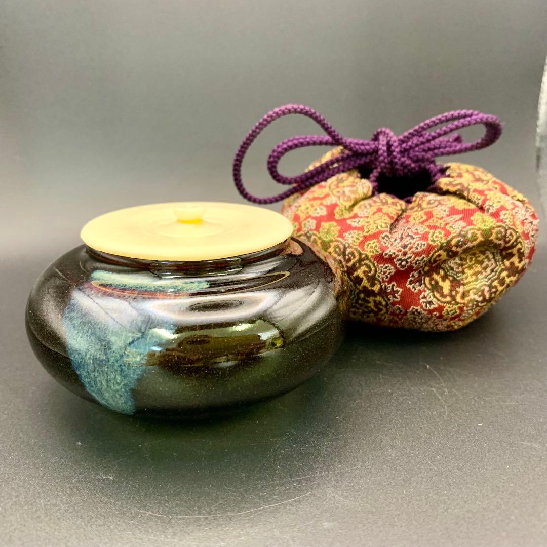 【京都清水焼 平安景山作／桶谷定一作】大海茶入 肩衝茶入 仕覆付 茶道具