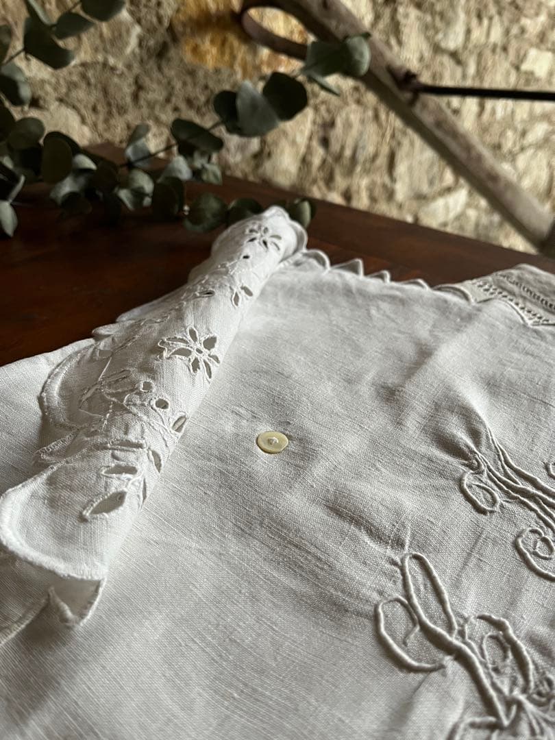 ◆フランスアンティーク｜大きな布ポーチAイニシャル刺繍リネン麻手作り花ボタニカル