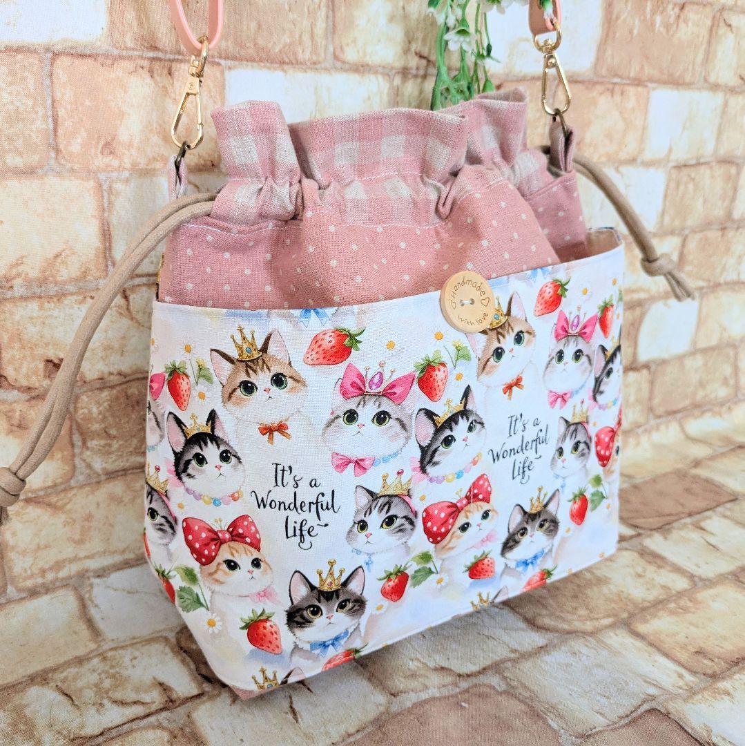 ♡NEW♡Wポケット付巾着ポシェット① ショルダー紐付(紐なし→2980円)
