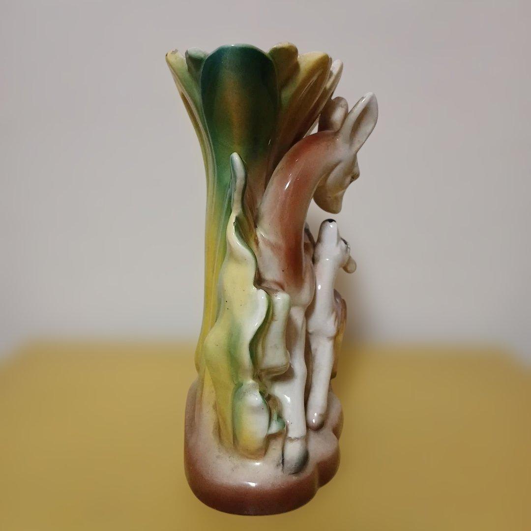 昭和レトロ　親子のシカ　陶器　置物　花瓶