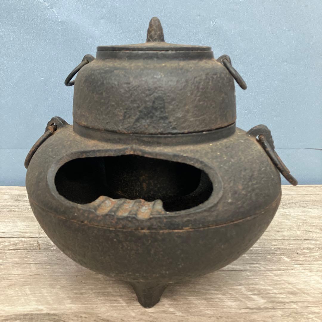 D-4 鉄製 茶道具 ミニチュア 火鉢 茶釜 鉄釜3点セット 骨董 鉄器 古道具