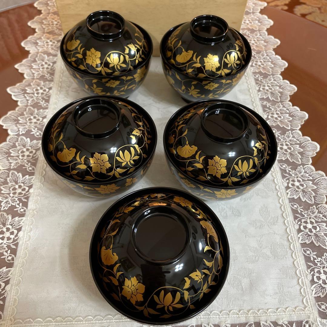 会津　乙造作　金箔蒔絵　本漆仕上げ　坂本乙造商店 御吸物椀5客セット　未使用