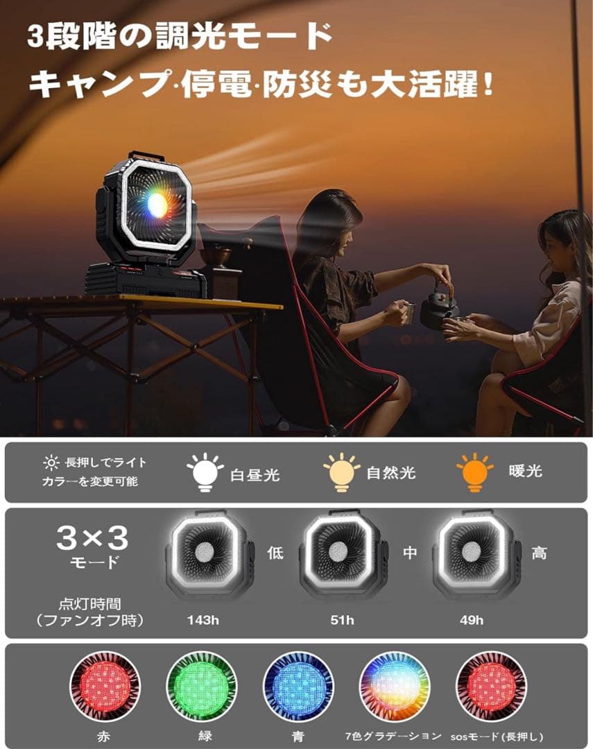 キャンプ扇風機 F16 充電式 48000mAh 防災 LEDライト