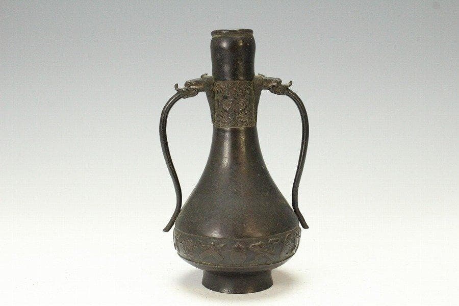 茶道具 古銅 獣耳 花器 瓶 高17.5cm 送料無料