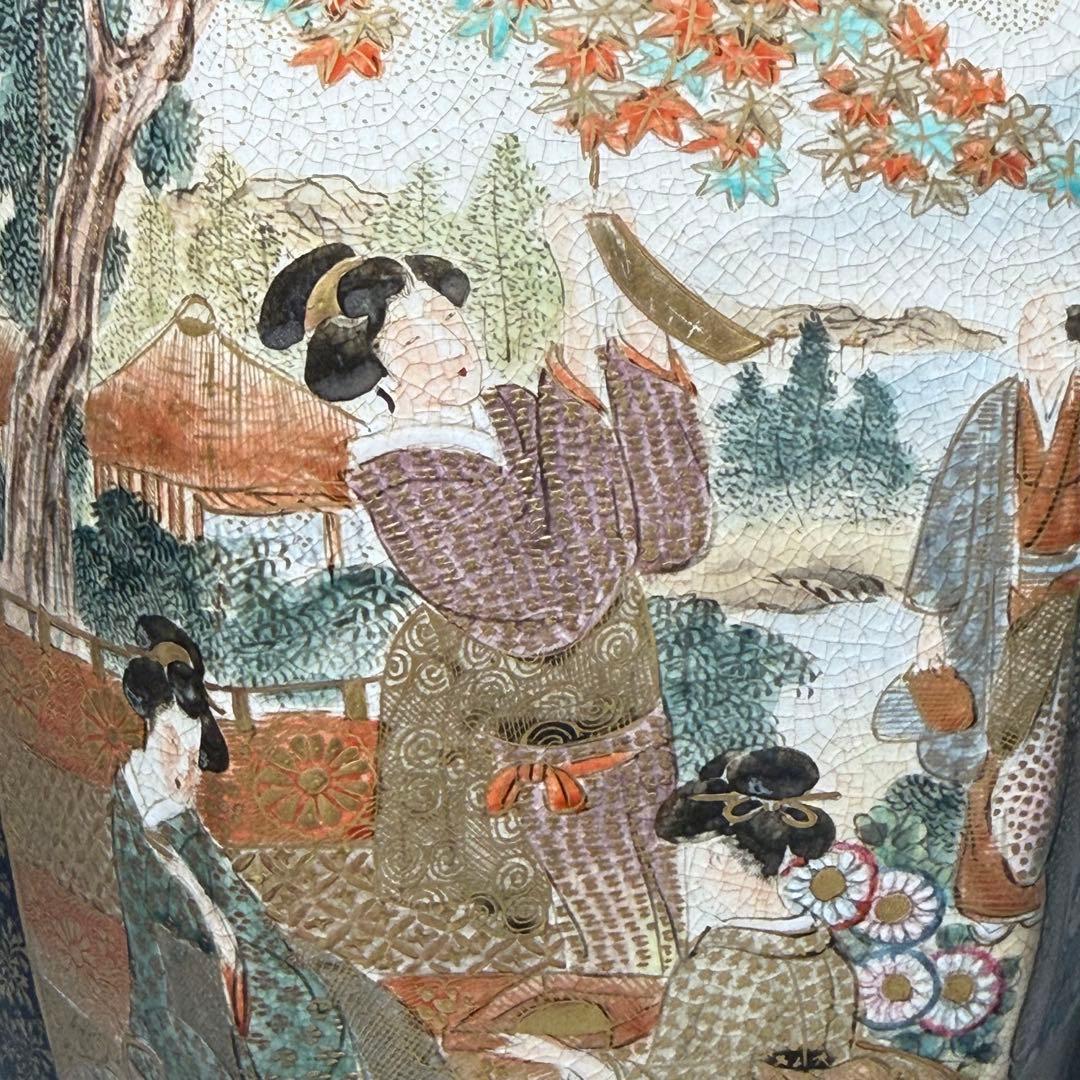 幕末〜明治期　瑠璃薩摩　美人図六角花瓶　共箱　蒐集家　豪商旧蔵品　高30.8cm