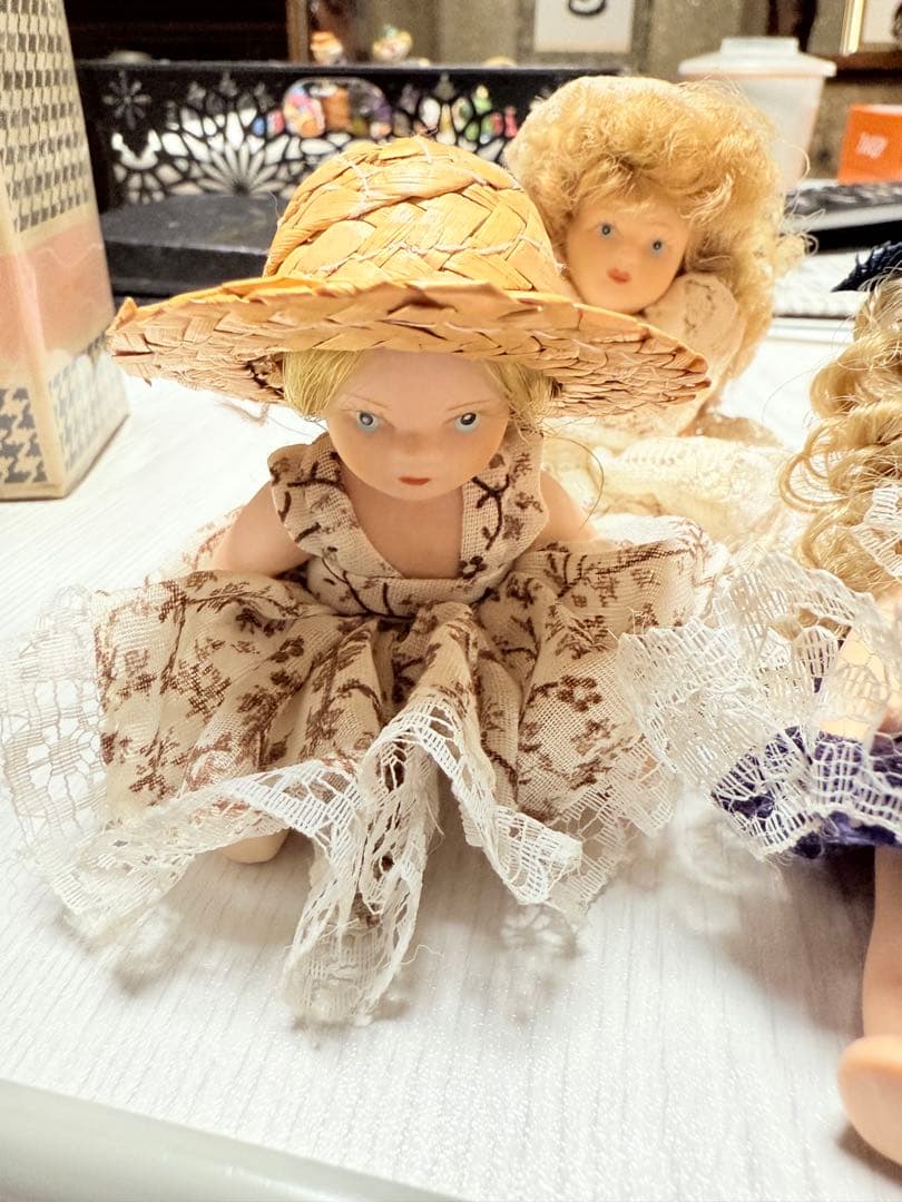 【美品】レトロ 西洋人形 ミニドール 9体セット 麦わら帽子 ケース内保管