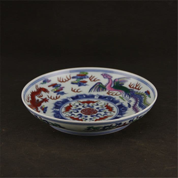 清雍正青花斗彩龍鳳図磁器皿 景徳鎮 陶磁器 装飾品 現代工芸品 美術品 置物