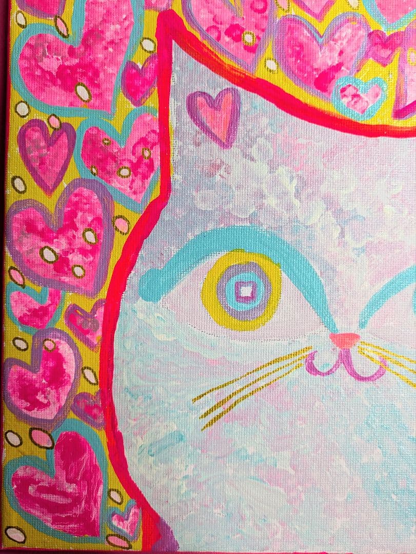 【ハートいっぱい白猫さん】F3キャンバス 絵画　猫　白猫　イラスト　猫絵