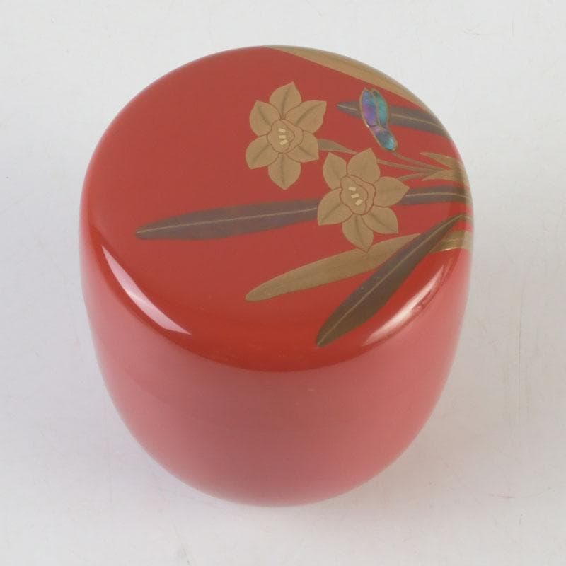 micami 　山中塗　坂下雄峰作　水仙蒔絵　大棗　共布共箱　M　9654