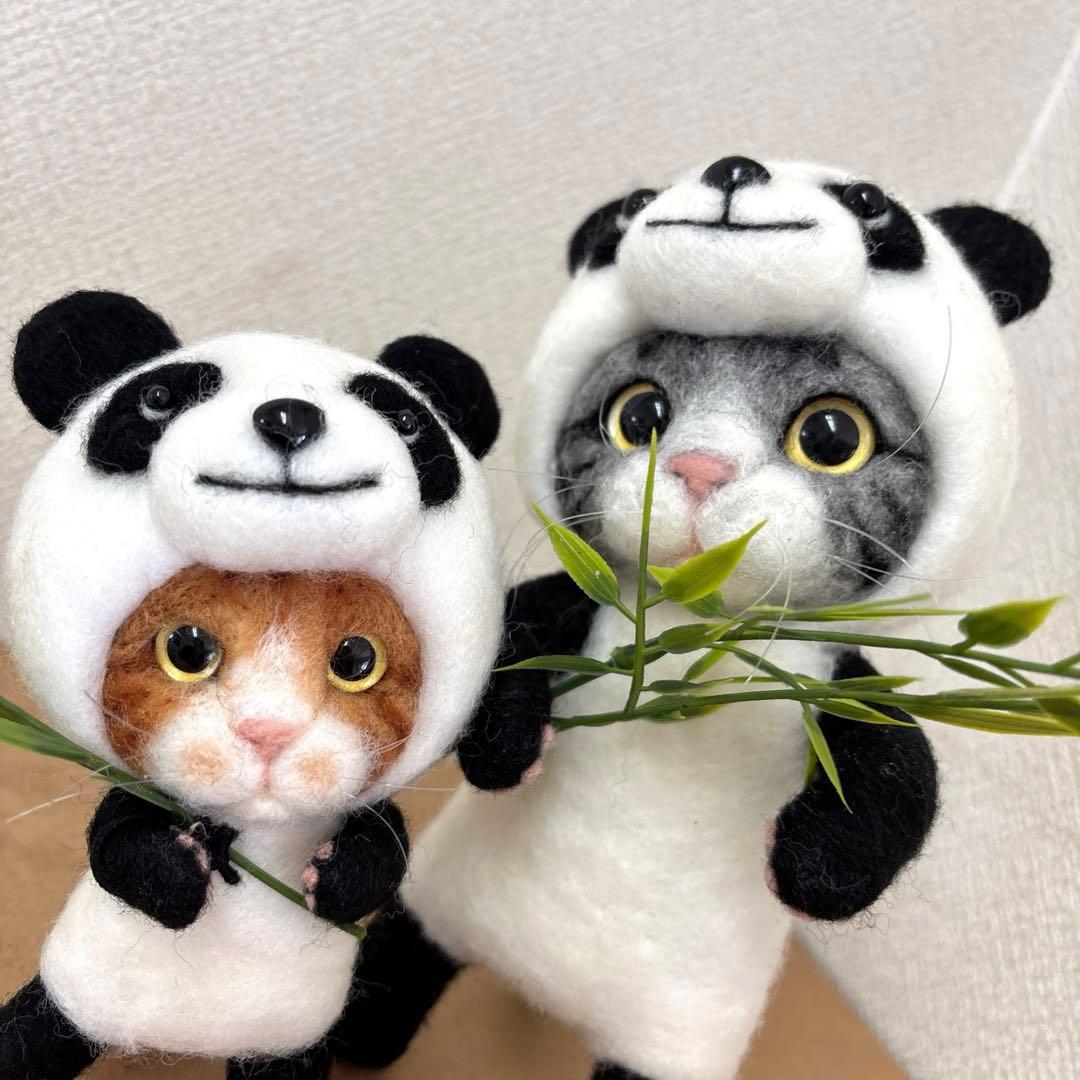 羊毛フェルト　猫パンダ×ちび猫パンダ(*☻-☻*)