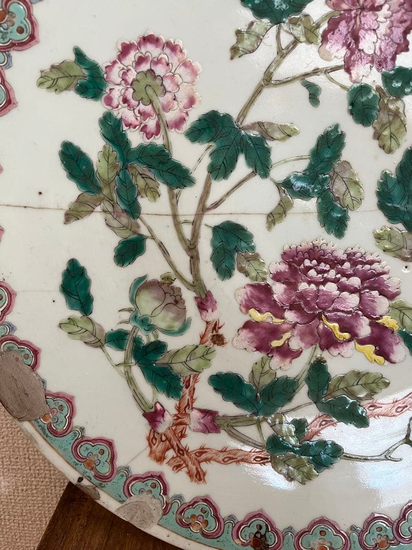 中国美術 清時代 同治年製特大 色絵花卉大皿35cm