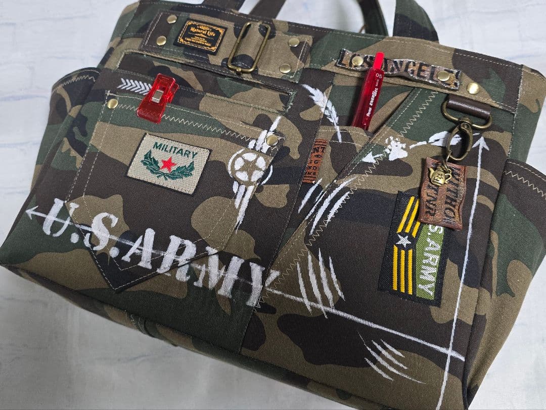 デニムリメイクトートバッグ 迷彩 ARMY