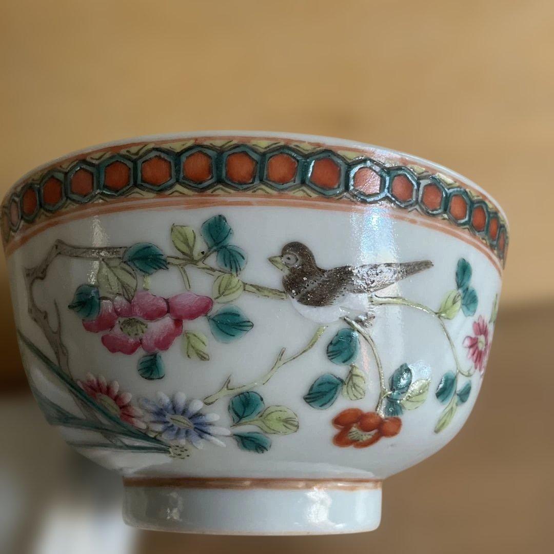 中国同治年、花と鳥の絵柄 茶碗