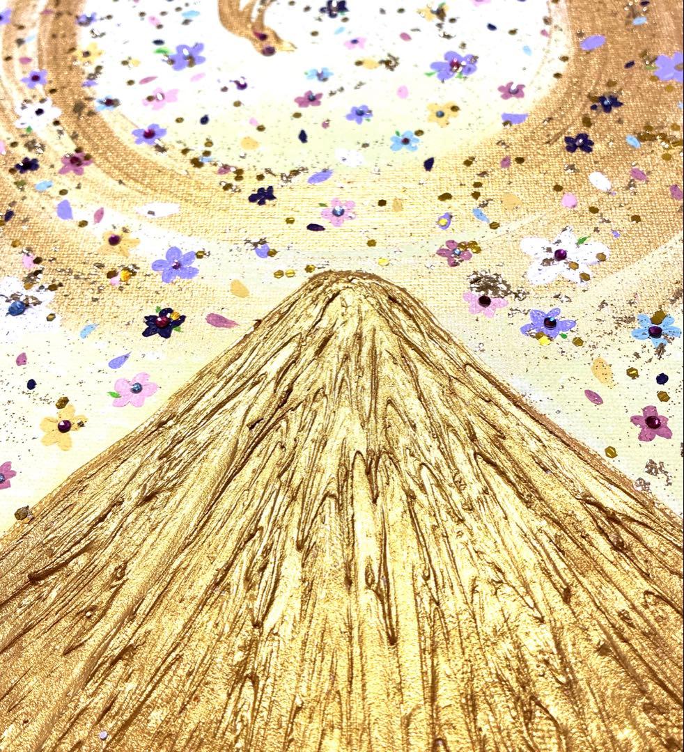 開運絵画　龍神様　拡大のエネルギー　花の舞　金富士　富士山　金箔　スワロフスキー
