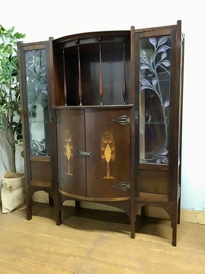 管327☆1900年代☆イギリス製☆アーツ&クラフツショーケース☆キャビネット
