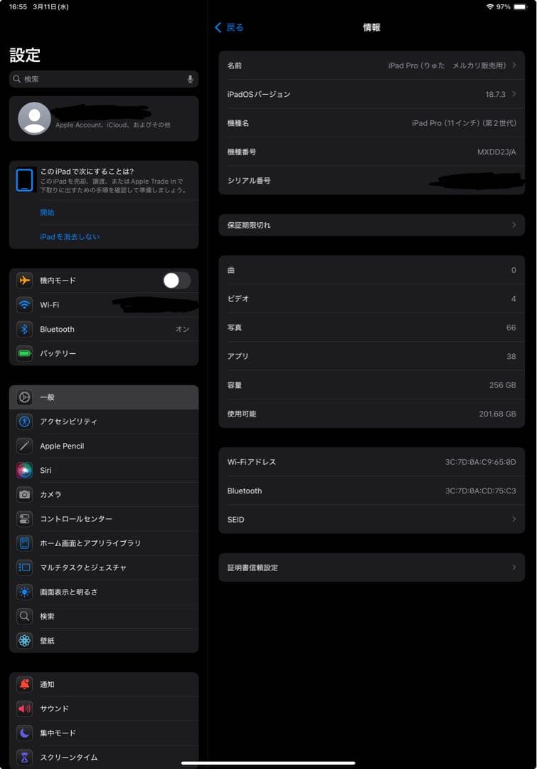 iPad Pro 11インチ (第2世代)、256GB、Wi-Fiモデル）