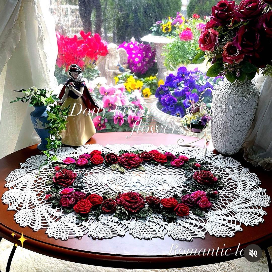 ドイリー1341❤️華麗な真紅薔薇＆ローズ薔薇ドイリー✨大判70×40cm