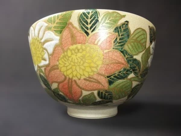 仁清写 平安 覚山造 平井覚山 色絵 花文 京焼 清水焼 抹茶茶碗 骨董 共箱