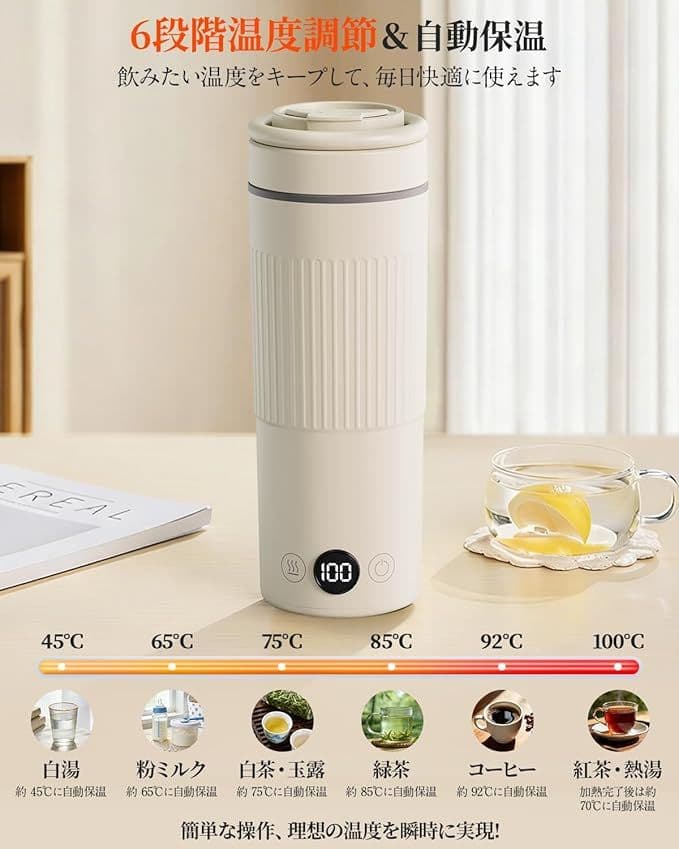 電気ケトル 携帯用 600ml 6段階温度調節 保温 空焚き防止 オフホワイト