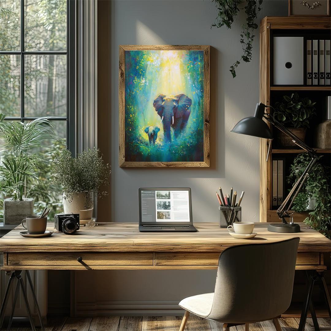 【開運絵画】ゾウ親子と慈愛の光 風水 作品番号:elephant (8)
