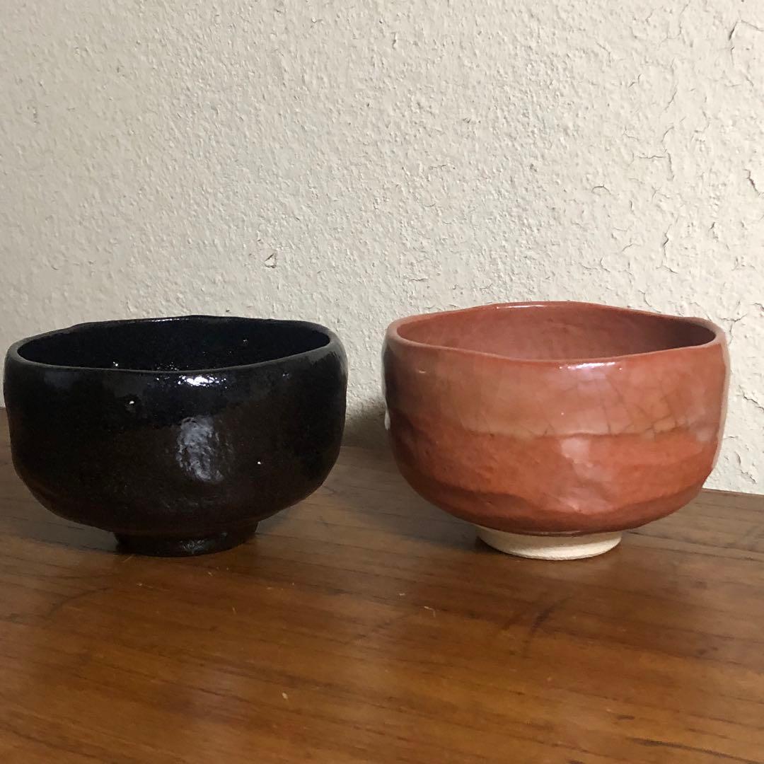 ◆593◆茶道具 佐々木松楽作 黒楽茶碗 赤楽茶碗 一双 共箱