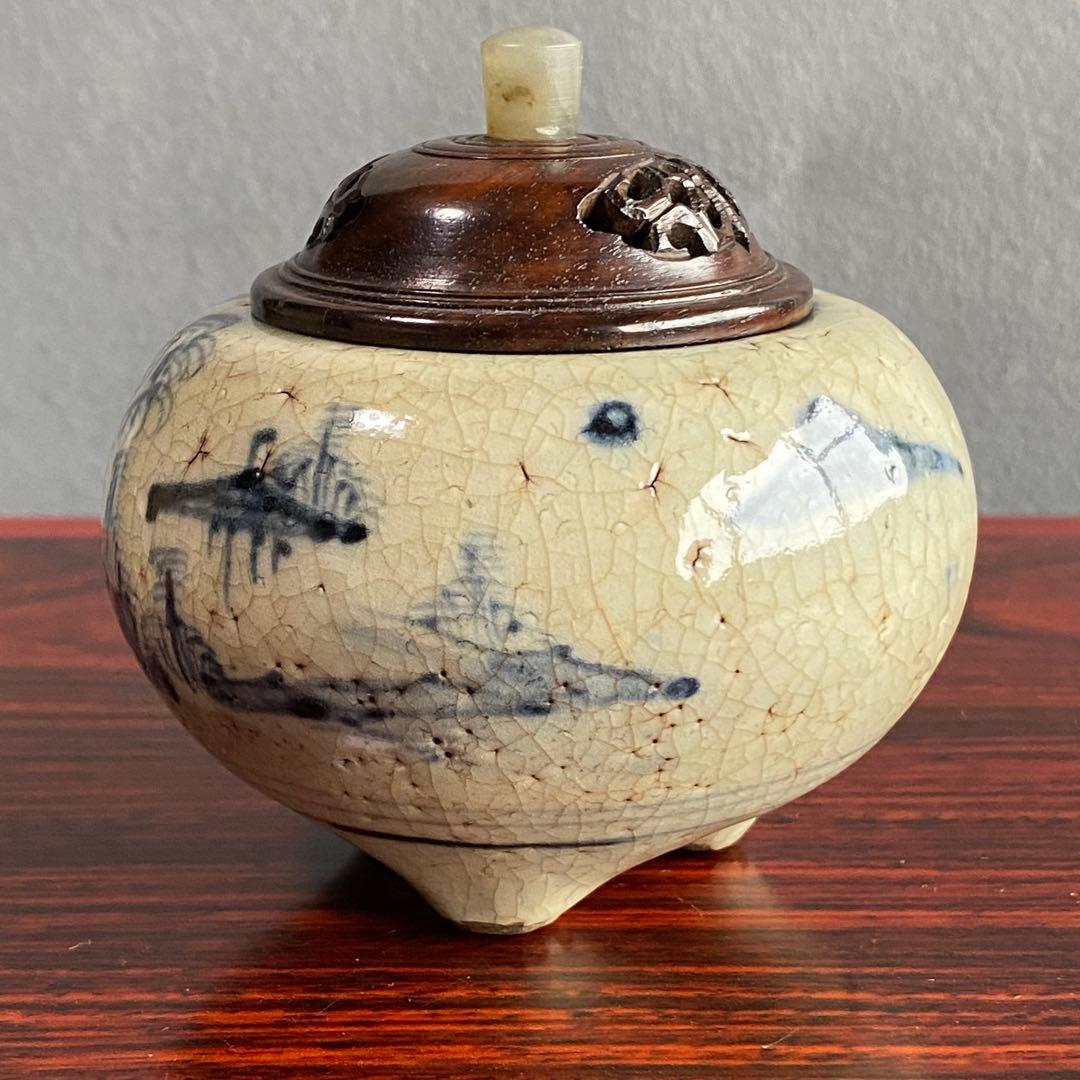 白磁青花香爐　李朝初期　香炉　李朝染付　山水画　床飾　置物インテリア
