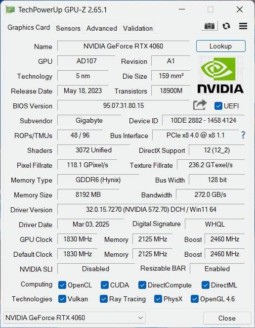 グラフィックボード・グラボ・ビデオカード GeForce RTX4060 8GB GV-N4060D6-8GD