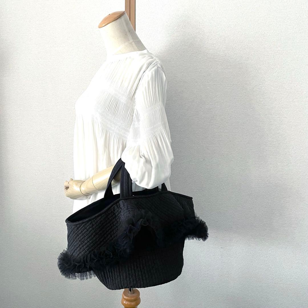 チュールフリル付き丸底マルシェバッグ　ヌビバッグ　ブラック　ハンドメイド