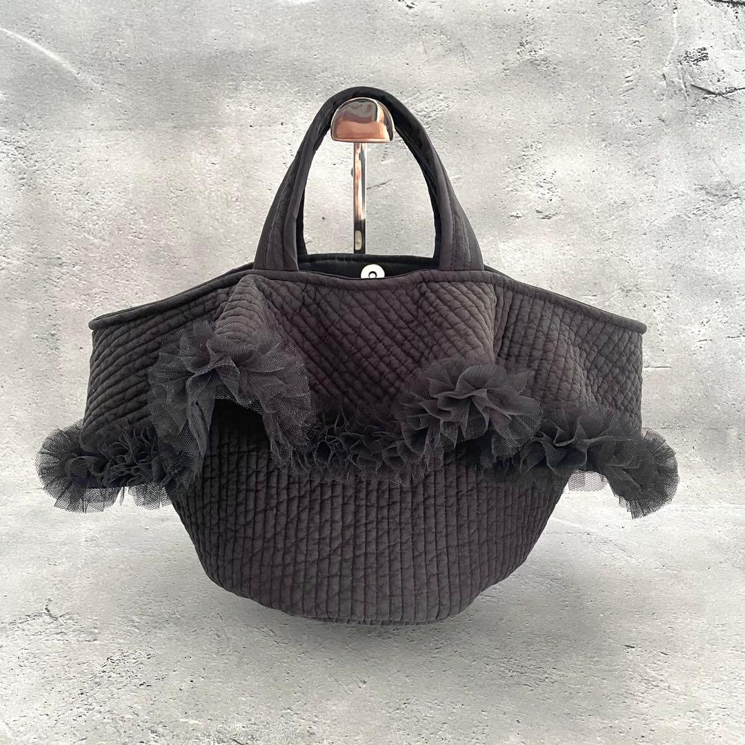 チュールフリル付き丸底マルシェバッグ　ヌビバッグ　ブラック　ハンドメイド