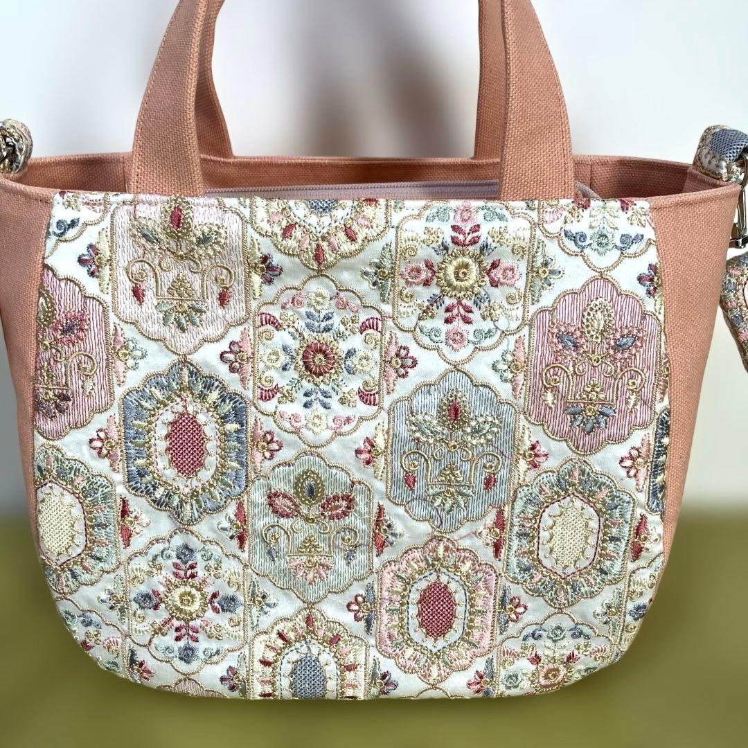 インド刺繍生地　帆布　トート　ショルダーバック　横マチ込34×縦20×マチ13㎝