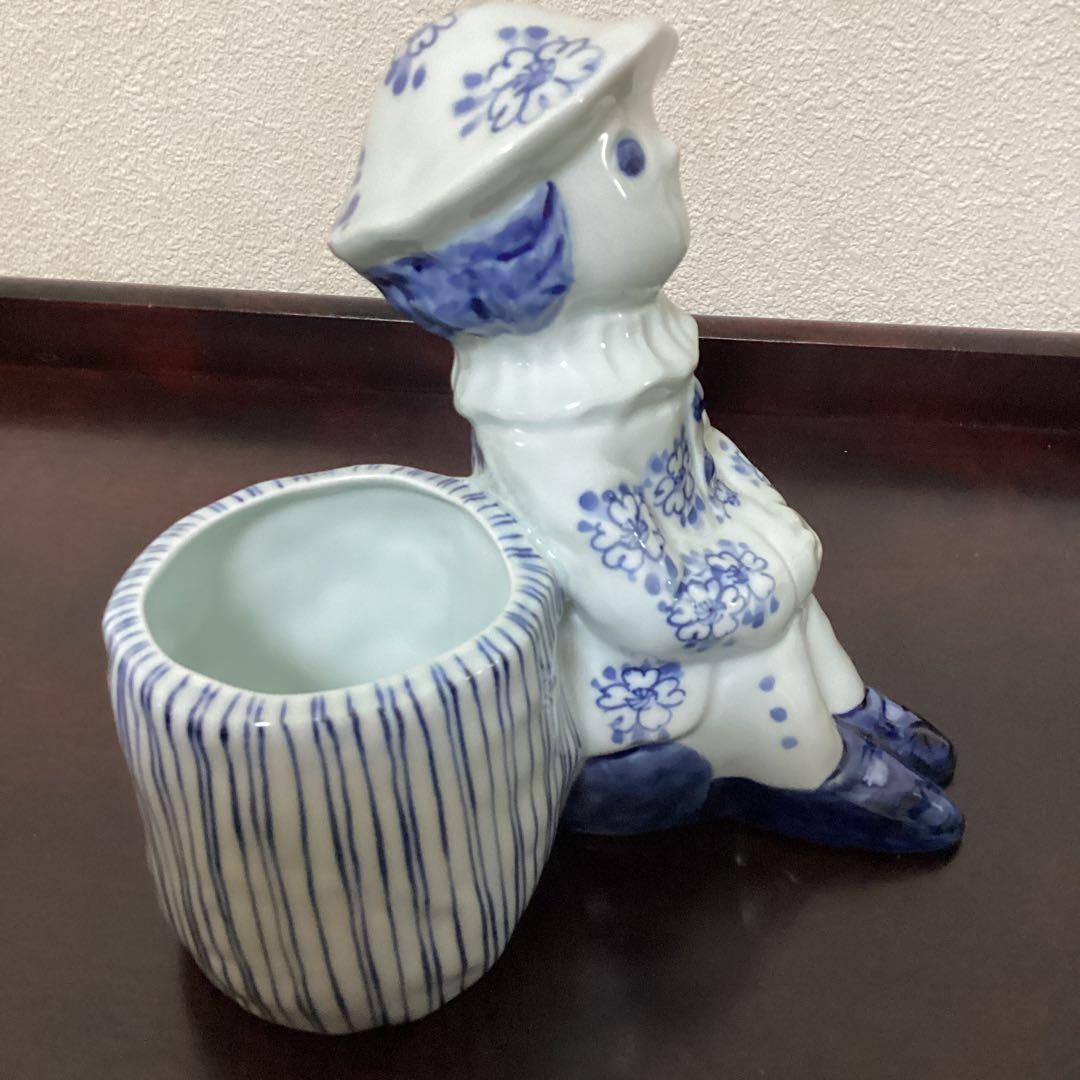 【期間限定価格・青花しん窯】青と白の人形型陶器フラワーポット　植木鉢　花器
