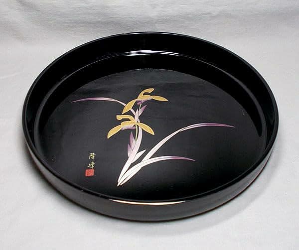 レトロ 漆器 本塗り 隆峰 菖蒲の花 丸盆 お盆 美術漆器 和食器 セット