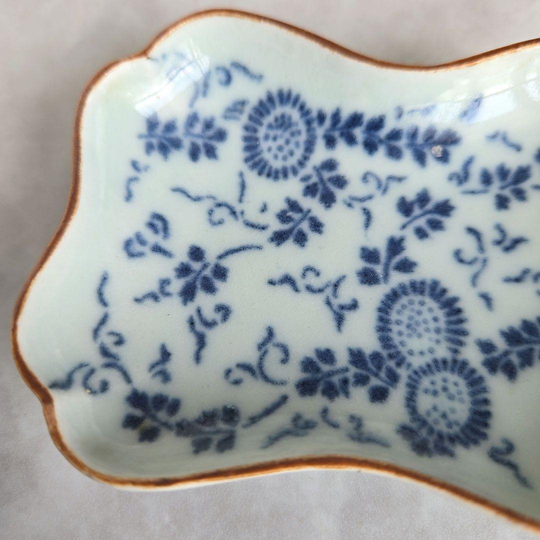古伊万里　染付　型紙摺印判　小皿　豆皿　江戸　菊唐草　骨董　印判　アンティーク