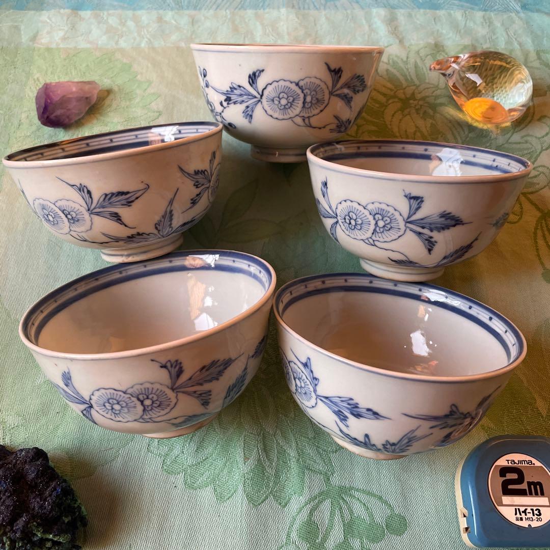 古伊万里　染付　蓋付飯茶碗　5客