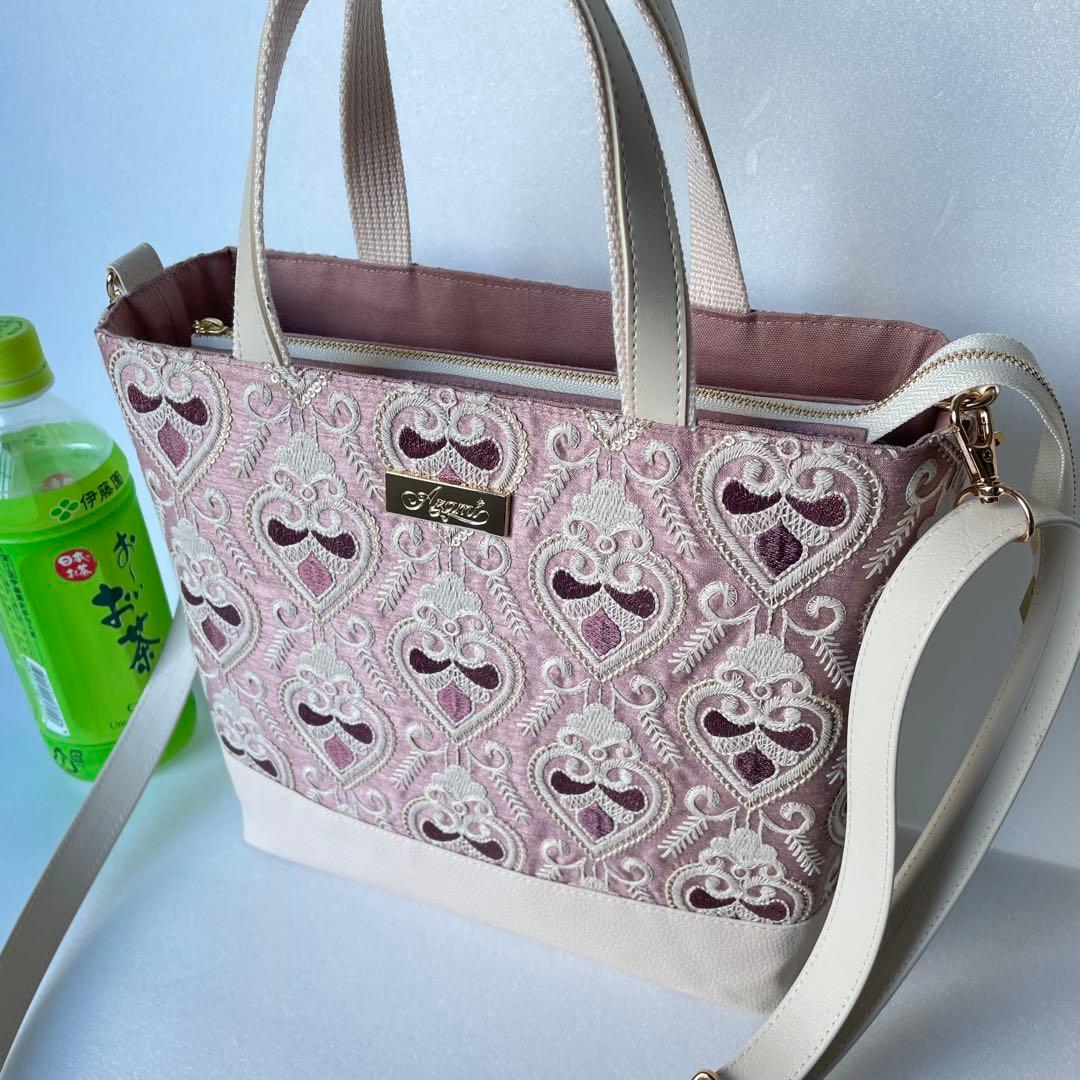 インド刺繍ハート柄くすみピンクと合皮　M 2wayトートバッグ　ハンドメイド