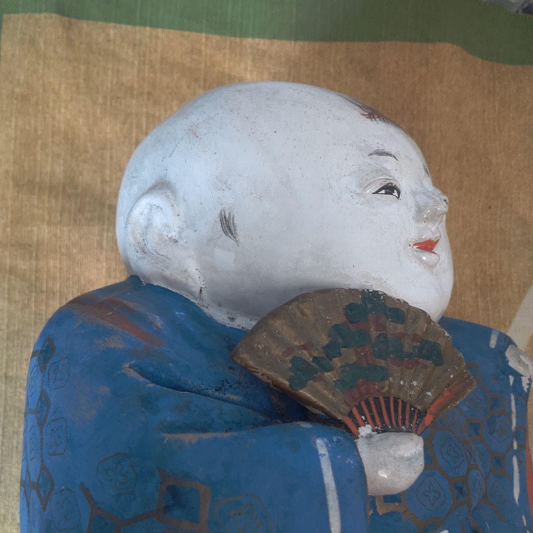 青色の着物 御所人形 ？ 扇子付き ひも切れ シミ・シワ 色落ち