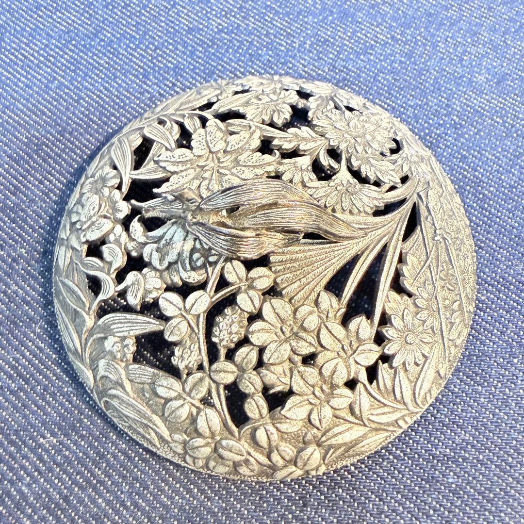 純錫製 香炉 錫栄 鳳凰透かし 浮彫 四季草花文 重厚555g 未使用保管品