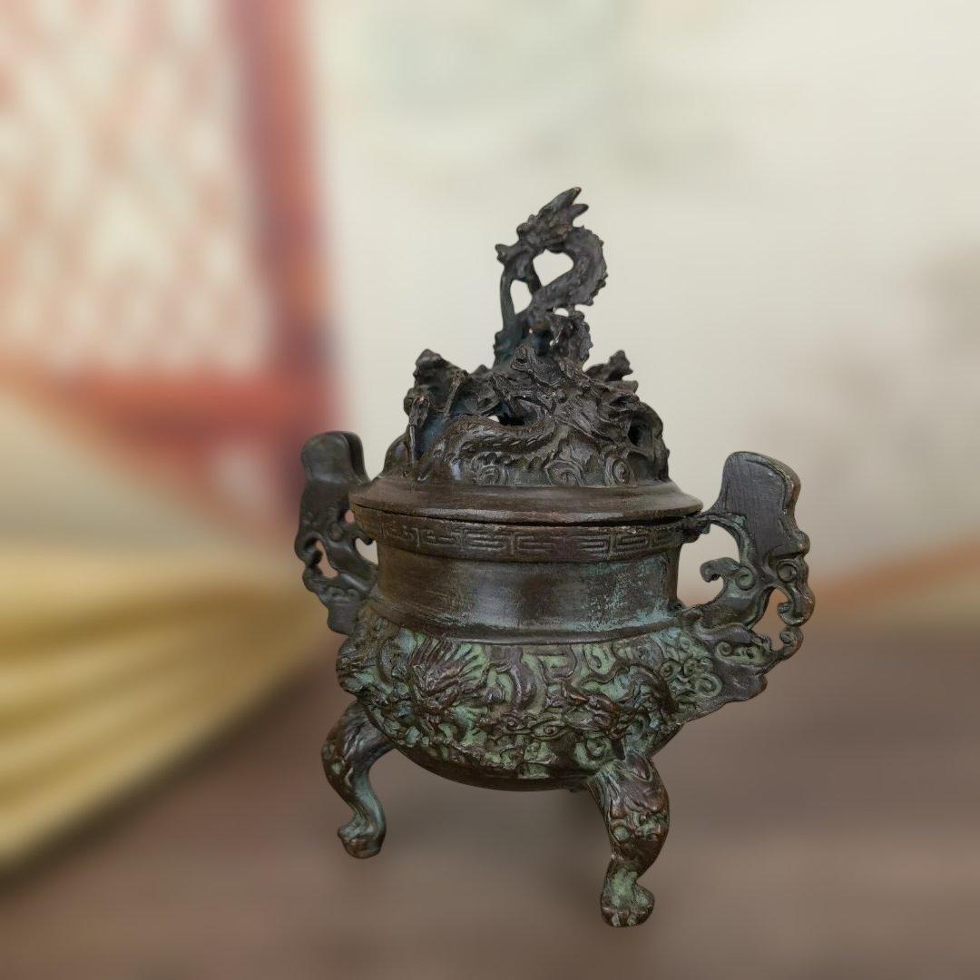 銅製 九龍丹炉 龍紋 香炉 三足 蓋付 文房 茶道 復古 工芸品