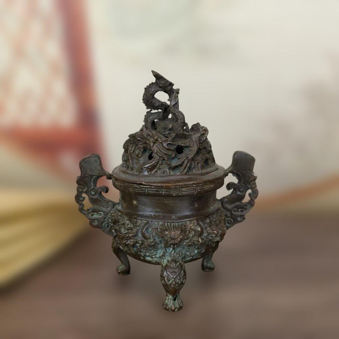 銅製 九龍丹炉 龍紋 香炉 三足 蓋付 文房 茶道 復古 工芸品